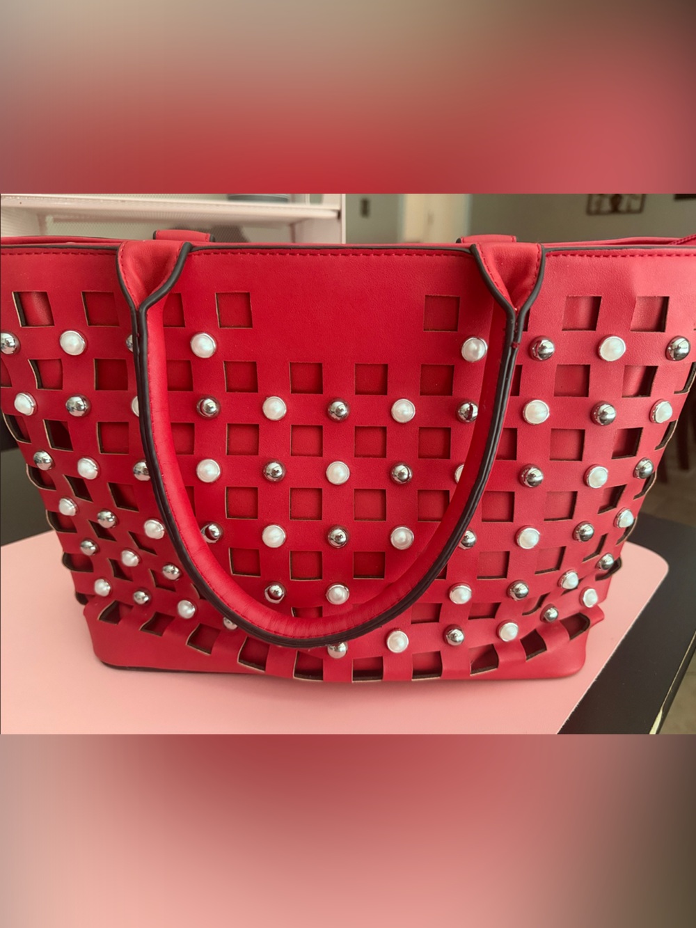 Red Studded Cutout Tote Bag - Stylish Women's Shoulder Tote